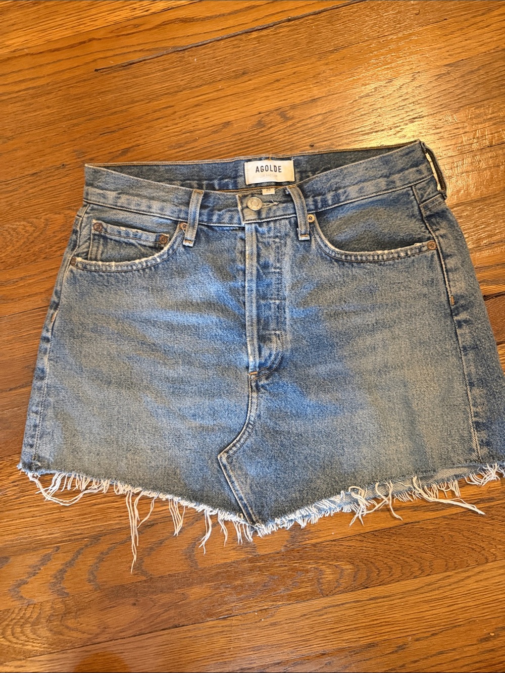 Agolde Light Blue Frayed Denim Mini Skirt